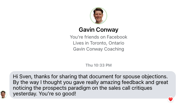 Gavin Conway - amazing feedback on sales call critiques
