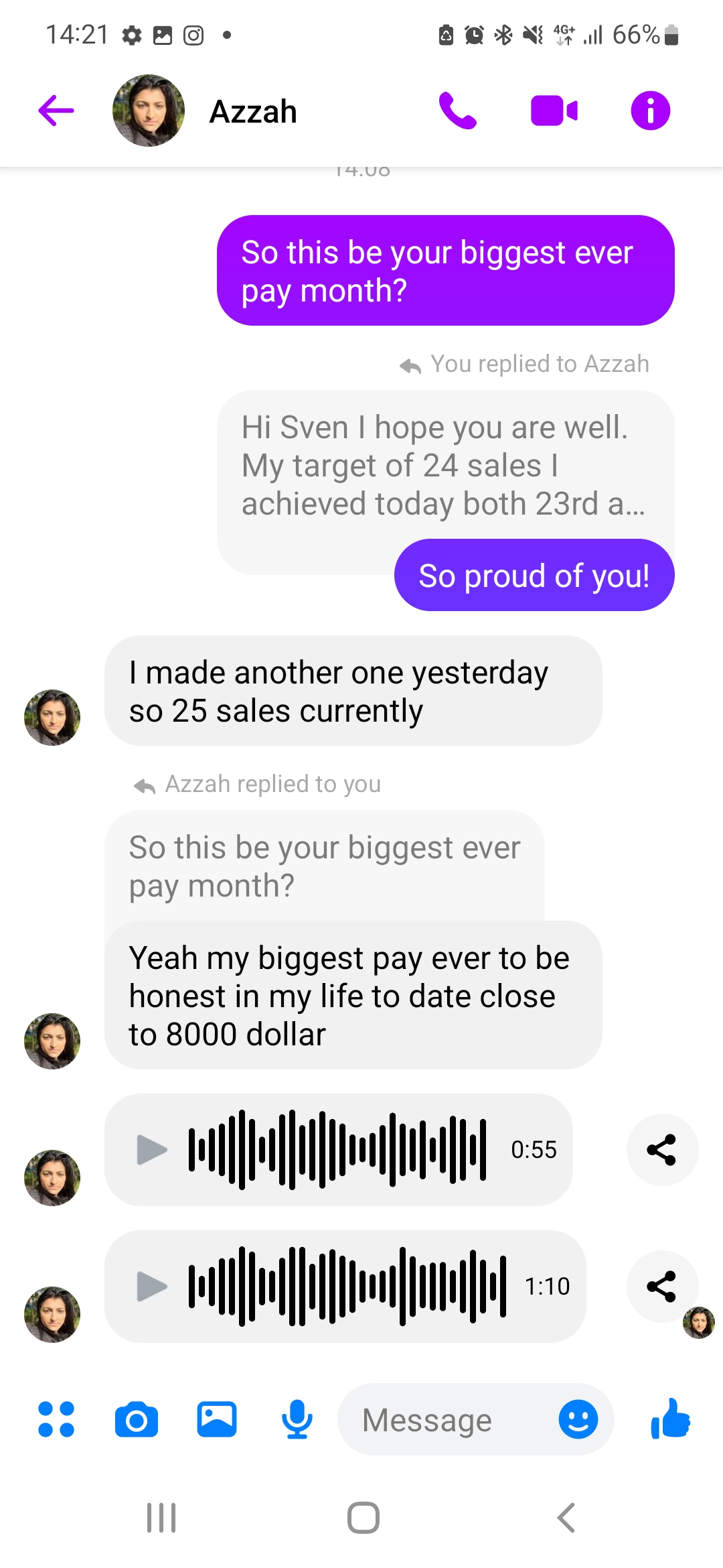Azzah - 25 sales - $8,000 biggest pay of her life
