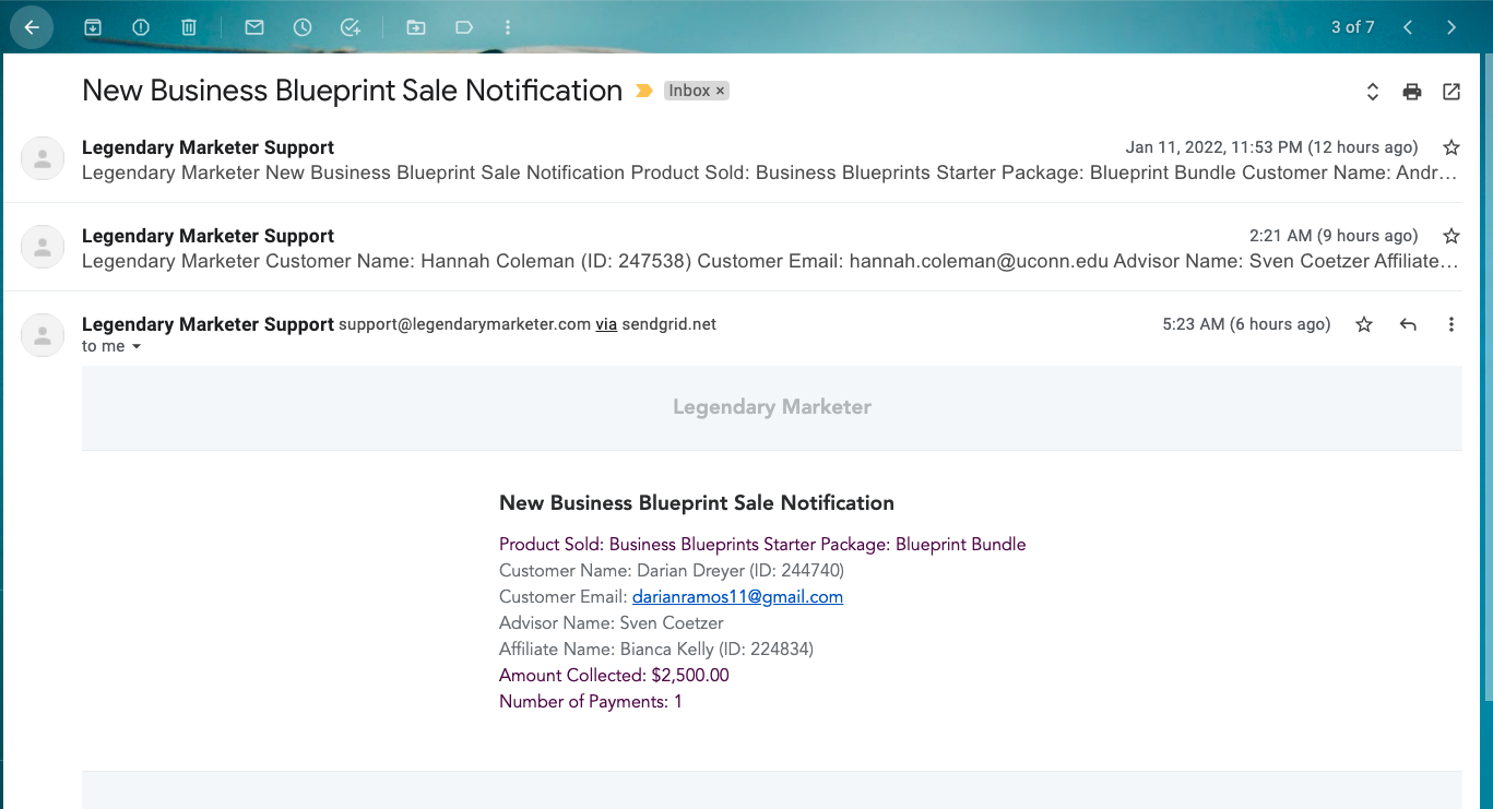 Multiple Legendary Marketer sale notifications - Advisor: Sven Coetzer