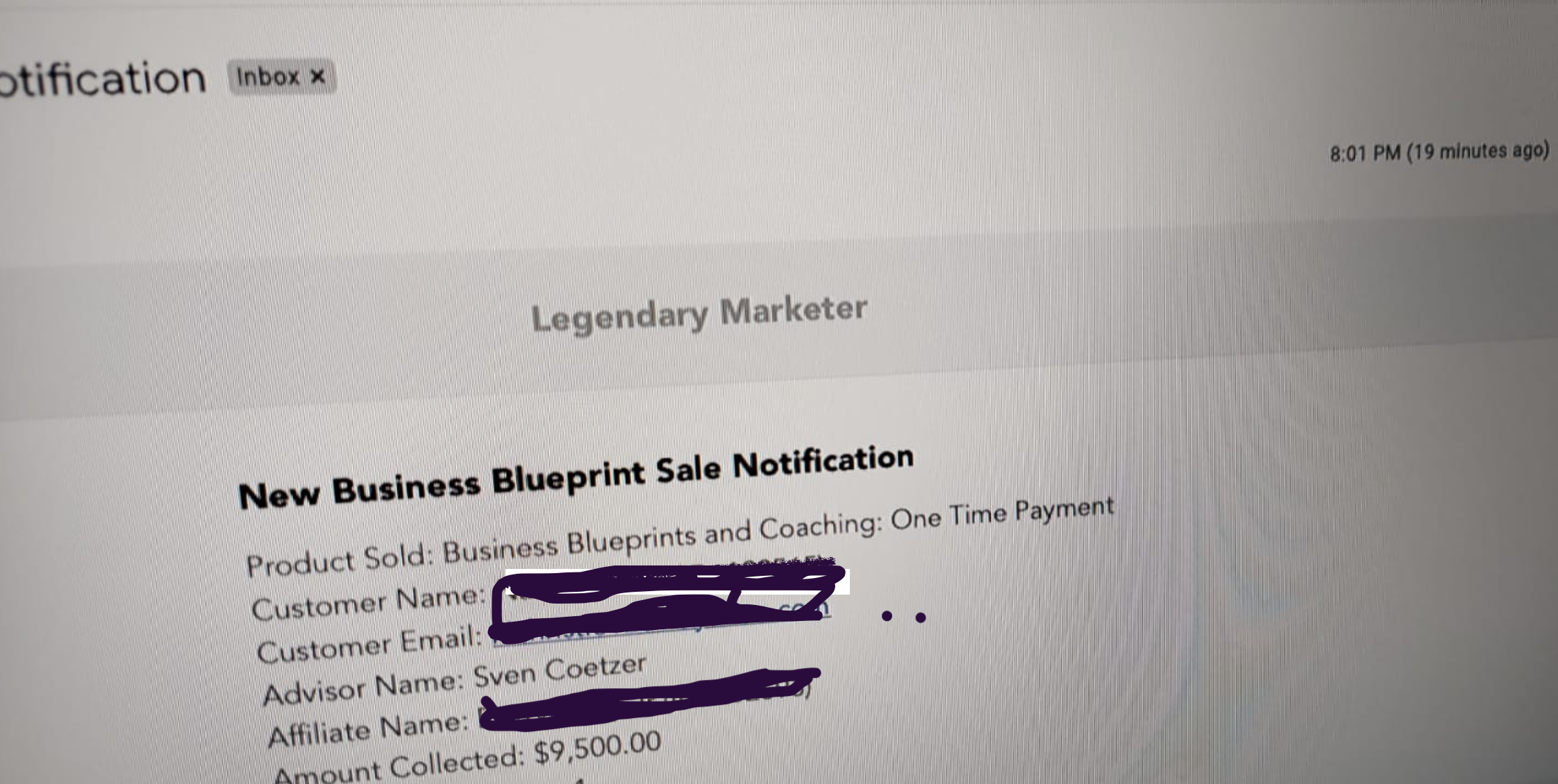 Legendary Marketer sale notification - Sven Coetzer - $9,500 collected