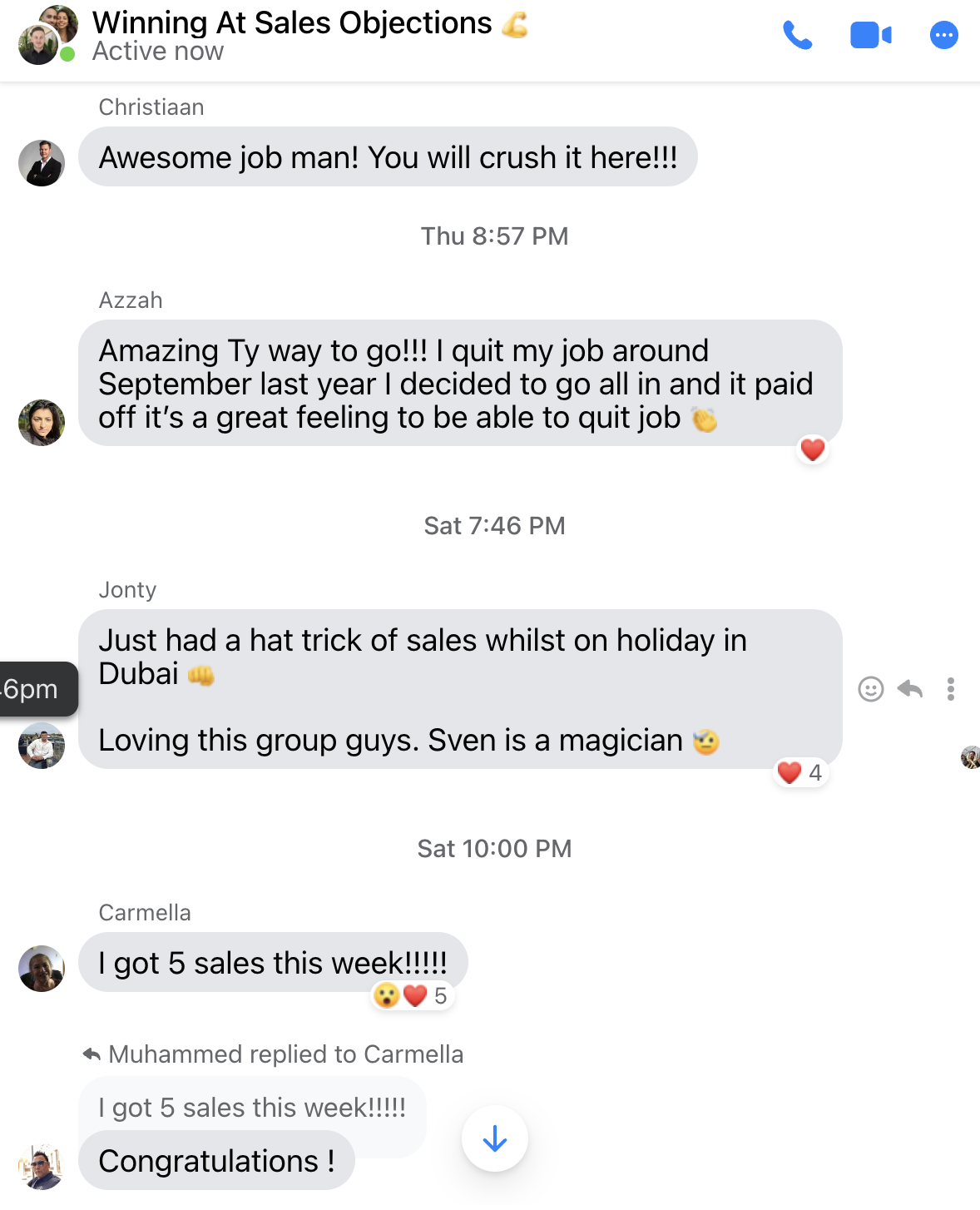 Group chat - Sven is a magician - Carmella got 5 sales this week - Azzah quit her job