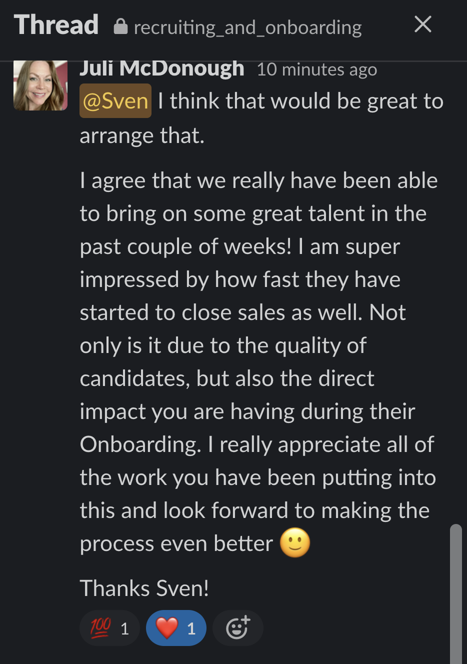 Juli McDonough - Sven's direct impact during onboarding - reps closing sales fast