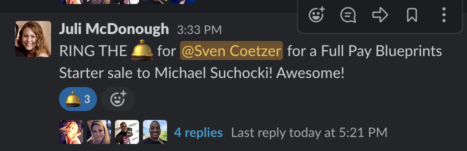 Juli McDonough rings the bell for Sven - full pay Starter sale